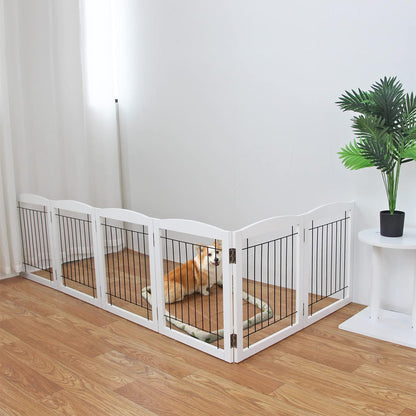 Foldable Indoor Dog Gate for House Freestanding Dog Gates with Door Walk through Wooden Extra Wide White Indoor Puppy Gate 4 Panels Tall Pet Gate Dog Fence 24''H