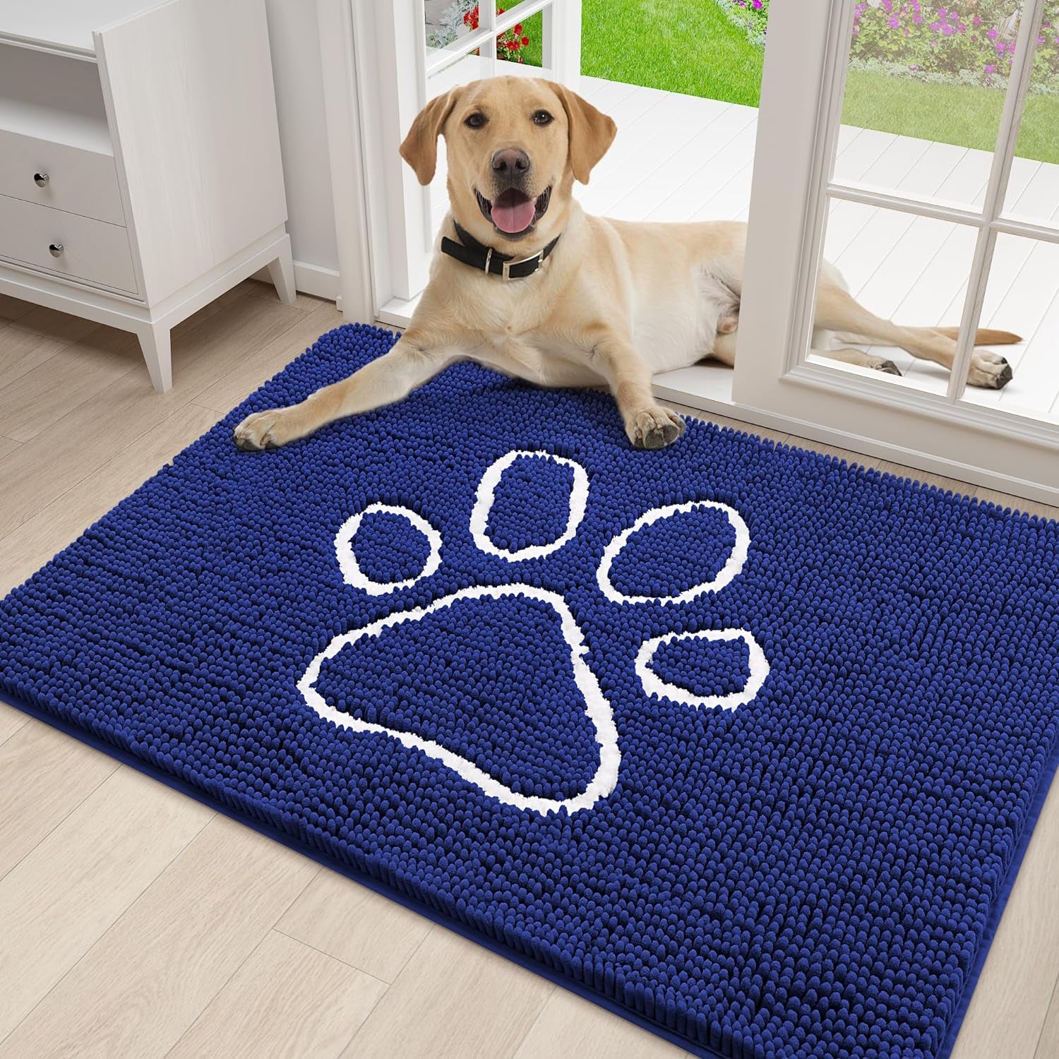 Smiry Dog Door Mat for Muddy Paws, Absorbent Dirt Trapper Non-Slip Washable Mat, Quick Dry Chenille, Mud Mat for Dogs, Entry Indoor Door Mat for inside Floor (30X20 Inches, Navy Blue)