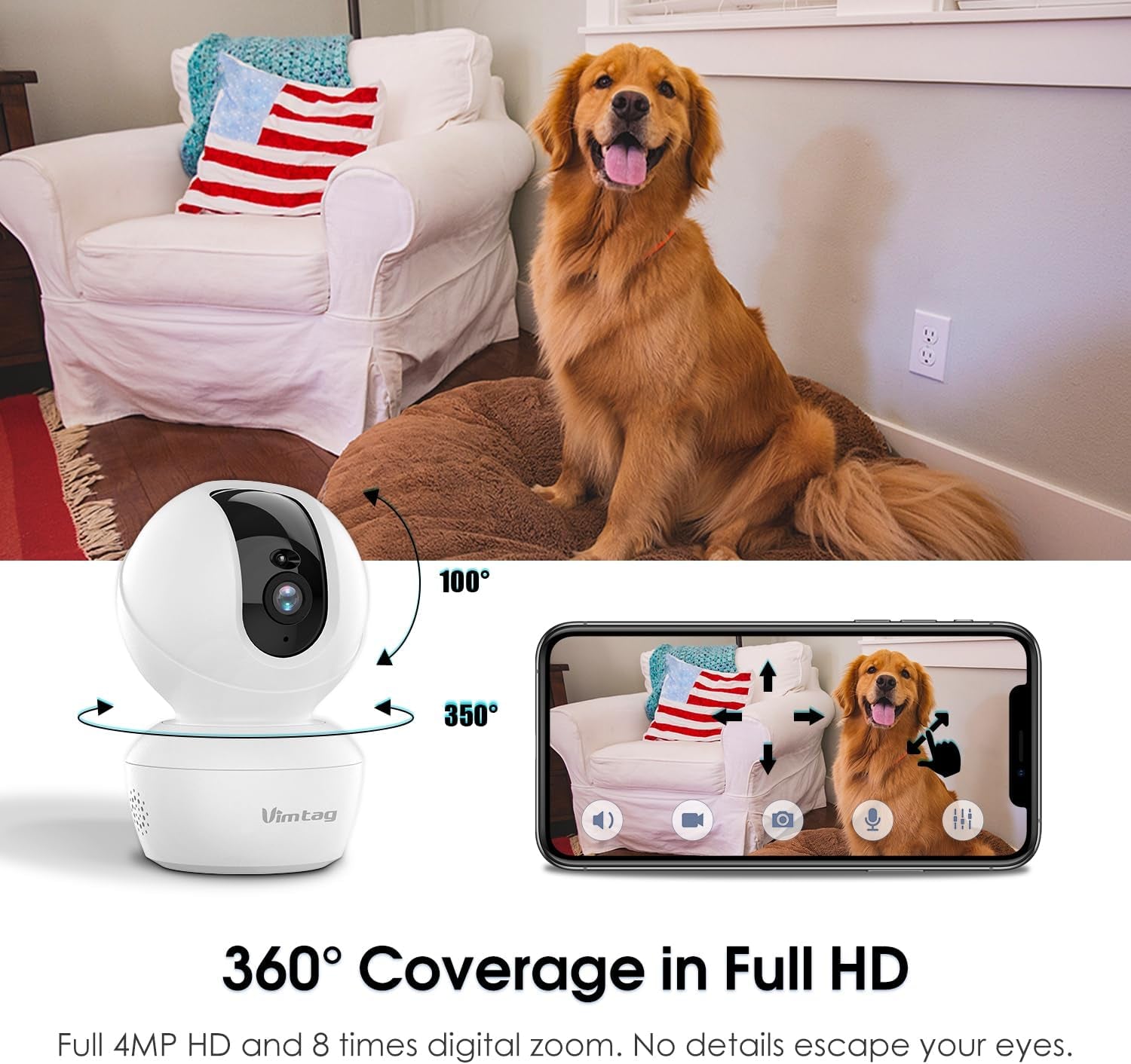 VIMTAG Pet Camera, 3K/6MP HD 360° Pan/Tilt Wifi Camera for Pet/Dog/Cat/Baby/Home Security with AI Human/Sound/Motion Detection, Night Vision, 2-Way Audio, up to 512GB Micro SD Card