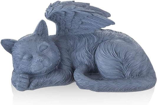 Cat Memorial Sculpture, Big Greey Resin Statue with Angel Wings, Pet Tribute for Indoor Decoration or Outdoor Backyard Garden