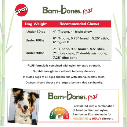 SPOT Bam-Bones plus T Bone - Bamboo Fiber & Nylon, Durable Long Lasting Dog Chew for Aggressive Chewers – Great Toy for Adult Dogs & Teething Puppies under 30Lbs, Non-Splintering, 4In, Beef Flavor