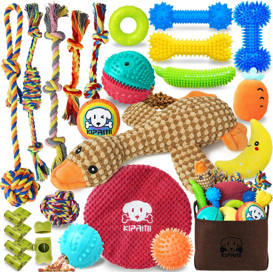 KIPRITII Puppy Teething Chew Toys -25 Pack Charming Puppy Toys Dog Chew Toys with Rope Toys, Dog Treat Balls & Dog Squeaky Toy for Puppy and Small Dogs