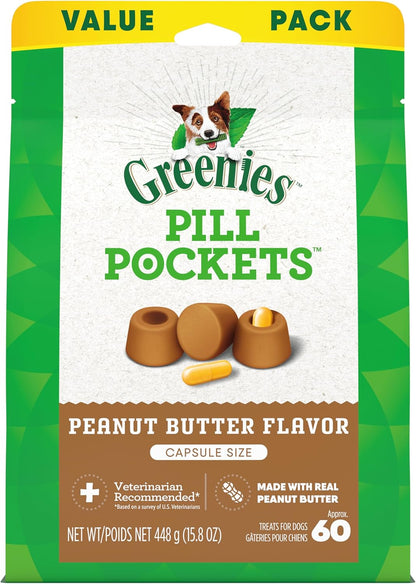 GREENIES PILL POCKETS for Dogs Capsule Size Natural Soft Dog Treats with Real Peanut Butter, 15.8 oz. Pack (60 Treats)