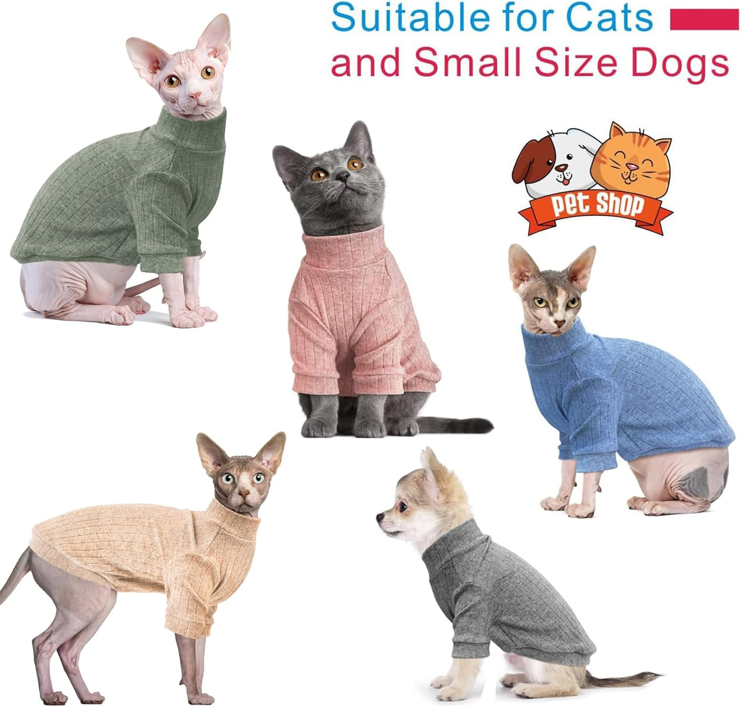 Idepet Sphynx Hairless Cats Sweater Shirt Kitten Soft Puppy Clothes Pullover Cute Cat Pajamas Jumpsuit Cotton Apparel Pet Winter Turtleneck for Cats and Teacup Chihuahua Small Dogs(Pink,L)