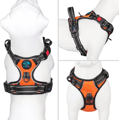 PHOEPET No Pull Dog Harness Medium Reflective Front Clip Vest with Handle,Adjustable 2 Metal Rings 3 Buckles[Easy to Put on & Take Off](M, Red)