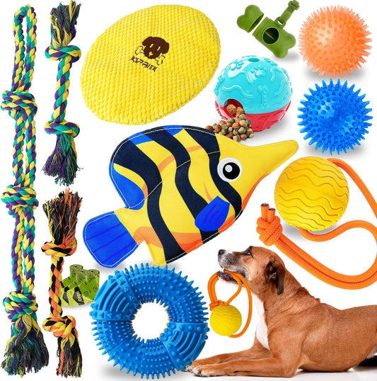 KIPRITII Assorted Dog Chew Toys Tailored for 25-50Lbs Dogs-14 Pack Various Puppy Toys Dog Teething Toys for Boredom with Rope Toys, Dog Treat Balls & Squeaky Toys for Small, Medium & Large Breeds