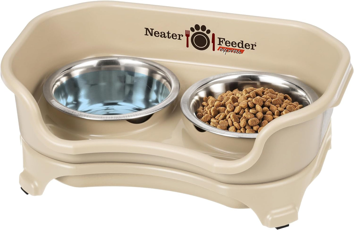 Neater Feeder - Express Model - Mess-Proof Dog Bowls (Small, Almond) – Made in USA – Elevated, No Spill, Non-Tip, Non-Slip, Raised Stainless Steel Food & Water Pet Bowls