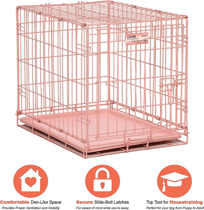 Midwest Homes for Pets Single Door Icrate 24" Pink Folding Metal Dog Crate W/ Divider Panel, Floor Protecting "Roller" Feet & Leak Proof Plastic Tray; 24L X 18W X 19H Inches, Small Dog Breed