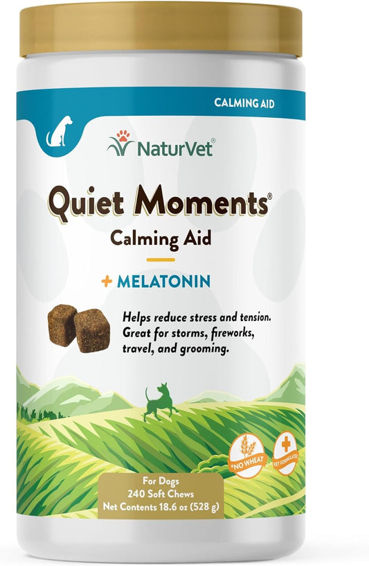 Naturvet Quiet Moments Calming Aid Melatonin Dog Supplement – Helps Reduce Stress in Dogs – for Pet Storm Anxiety, Fireworks, Motion Sickness, Grooming, Separation, Travel – 240 Ct. Chews