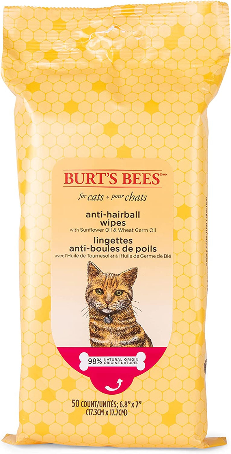 Burt'S Bees for Pets Anti-Hairball Cat Wipes | Grooming Cat Wipes for Hairball Control | Cruelty Free, Sulfate & Paraben Free, Ph Balanced for Cats - Made in the USA, 50 Ct