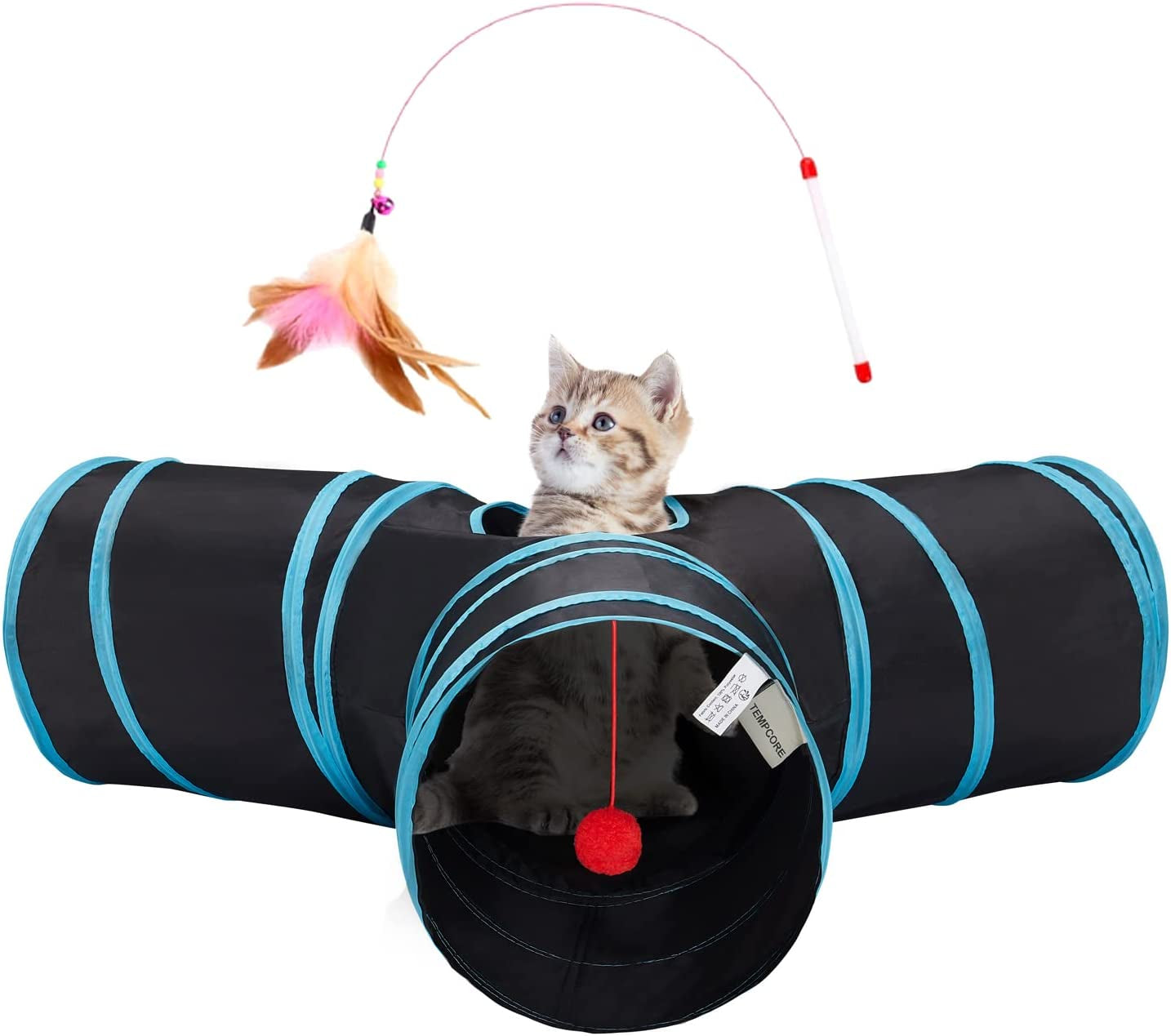 Pet Cat Tunnel Tube Cat Toys 3 Way Collapsible, Cat Tunnels for Indoor Cats，Kitty Tunnel Bored Cat Pet Toys Peek Hole Toy Ball Cat, Puppy, Kitty, Kitten, Rabbit Light Grey