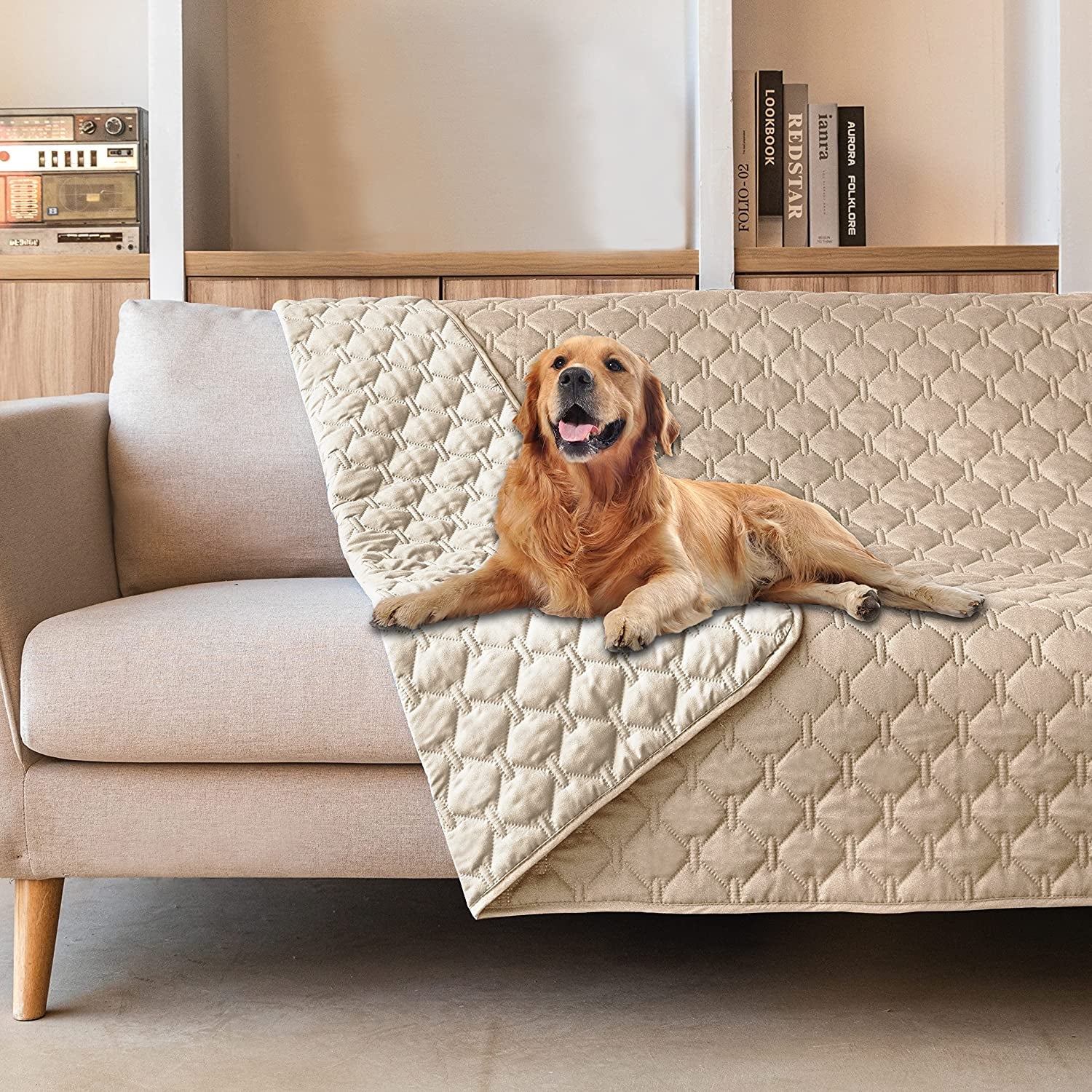 Gogobunny 100% Double-Sided Waterproof Dog Bed Cover Pet Blanket Sofa Couch Furniture Protector for Kids Children Dog Cat, Reversible (68X82 Inch (Pack of 1), Dark Beige/Light Beige)