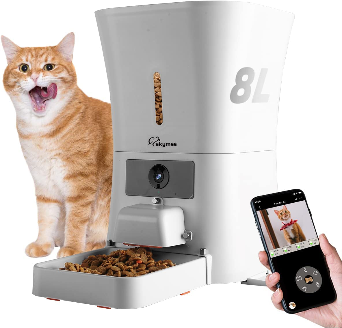 SKYMEE 8L/12L Smart Automatic Pet Feeder Food Dispenser for Cats & Dogs - 1080P Full HD Pet Camera Treat Dispenser with Night Vision and 2-Way Audio, Wi-Fi Enabled App for Iphone and Android