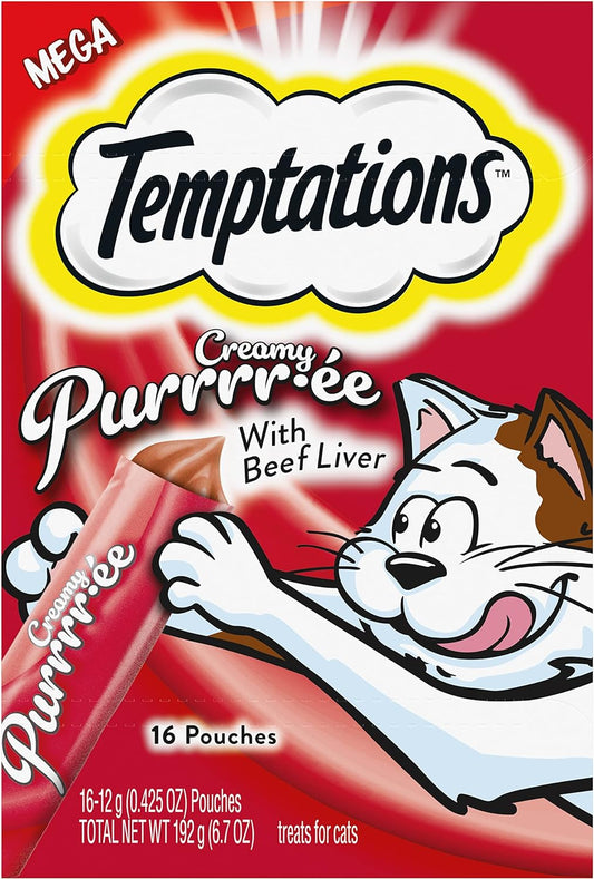 Temptations Creamy Puree with Beef Liver Lickable, Squeezable Cat Treats, 0.42 Oz Pouches, 16 Count