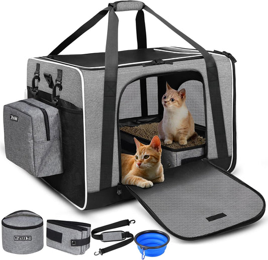 Large Pet Carrier 24"X17"X17" for Large Cats, Pet Carrier for 2 Cats or Medium Dog, Cat Carrier for Car Travel with Litter Box and Bowl, Cat Soft Carrier with Locking Safety Zipper