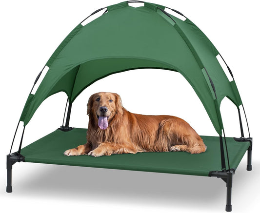 Heeyoo Elevated Dog Bed with Canopy, Outdoor Dog Cot with Removable Canopy Shade Tent, Portable Raised Pet Cot Cooling Bed for Dogs and Cats