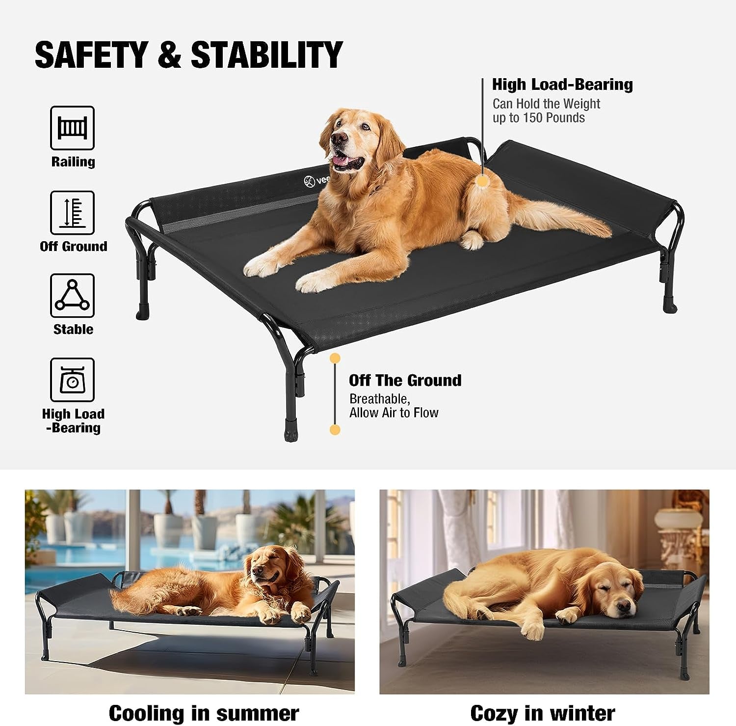 Veehoo Cooling Elevated Dog Bed, Dog Cots Beds for Large Dogs, Raised Dog Bed with Guardrail & Slope Headrest, Durable & Breathable Teslin Mesh, Dog Sofa Bed for Indoor & Outdoor, Large, Black