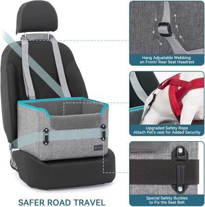 PETSFIT Small Dog Car Seat, Puppy Portable Dog Booster Seat for Car with Clip-On Leash, Adjustable Straps Perfect for Small Pets up to 25Lbs (Grey)