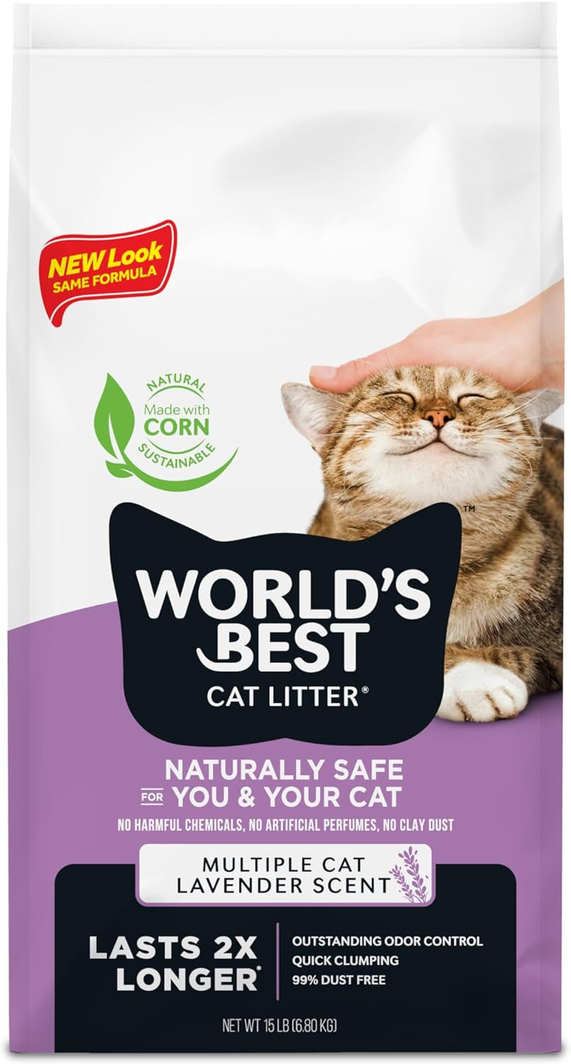 WORLD'S BEST CAT LITTER Multiple Cat Lavender Scented 15-Pounds - Natural Ingredients, Quick Clumping, Flushable, 99% Dust Free & Made in USA - Calming Fragrance & Long-Lasting Odor Control