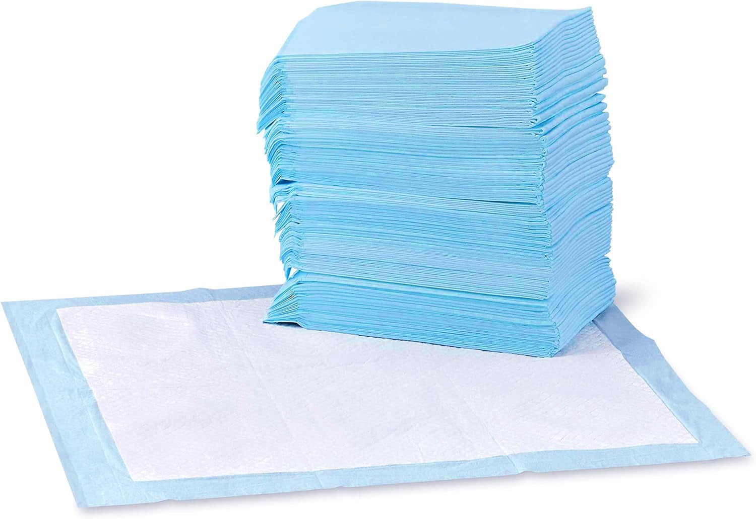 Amazon Basics Dog and Puppy Pee Pads with Leak-Proof Quick-Dry Design for Potty Training, Standard Absorbency, Regular Size, 22 X 22 Inches, Pack of 100, Blue & White