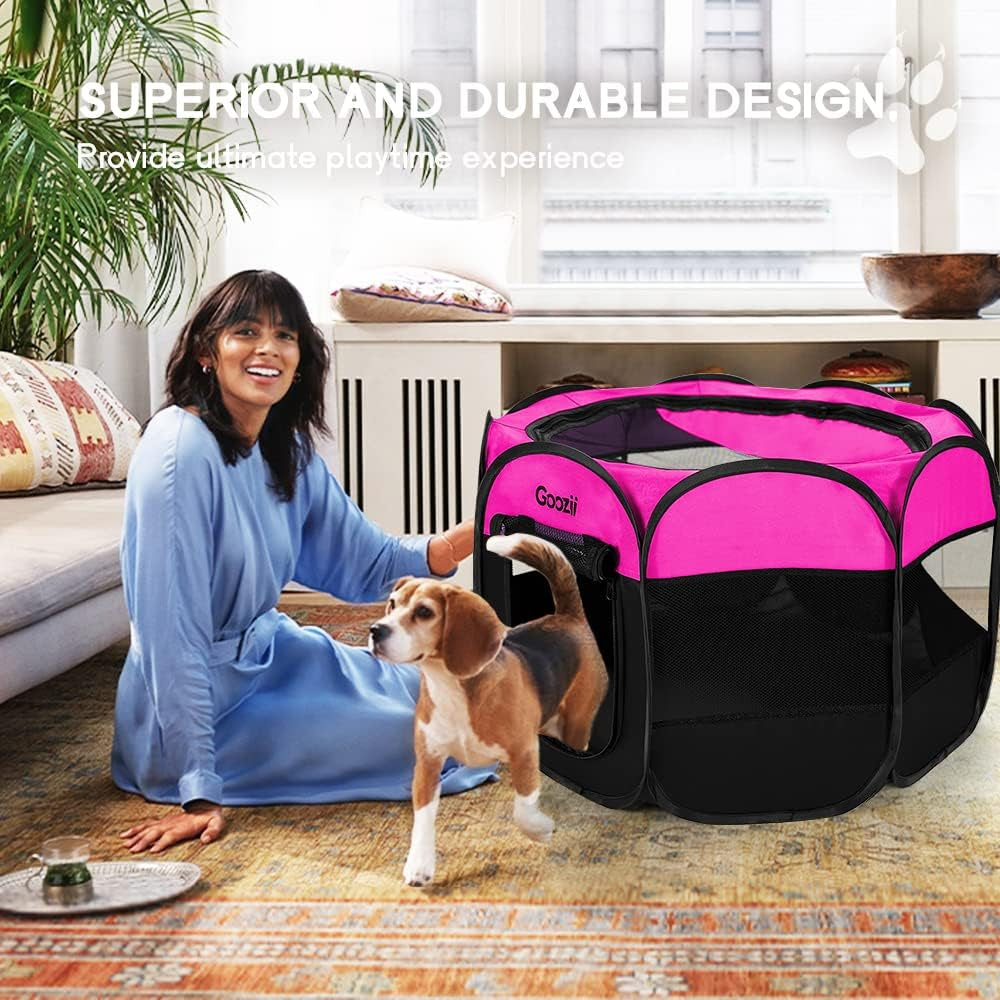 Portable Large Pet Cat Playpen for Indoor Outdoor Cats, Foldable Big Dog Playpen Tent Kennel Crate with Cover Enclosed for House Puppy Travel Camping (Large Size, Pink)