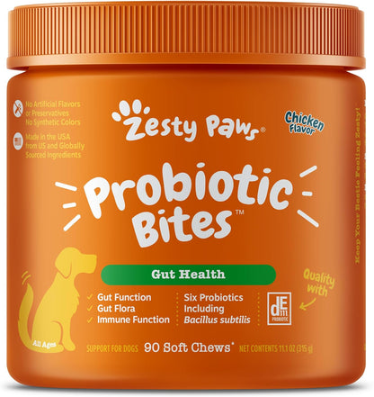 Zesty Paws Probiotics for Dogs - Digestive Enzymes for Gut Flora, Digestive Health, Diarrhea & Bowel Support - Clinically Studied DE111 - Dog Supplement Soft Chew for Pet Immune System - Chicken