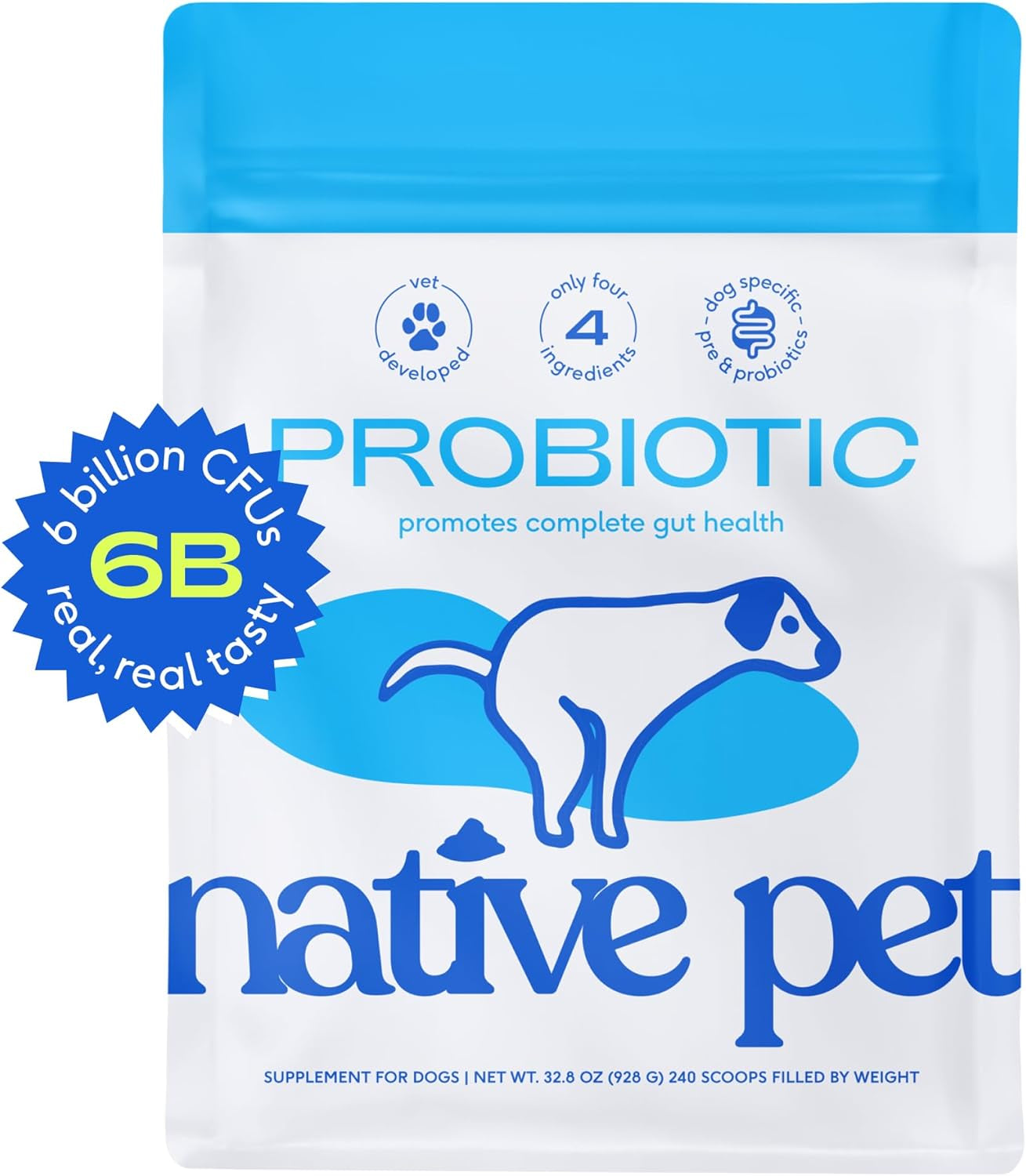 Native Pet Probiotic for Dogs - Vet Created Powder Digestive Issues Dog + Prebiotic Bone Broth 232 Gram 6 Billion CFU- Probiotics Love! (32.8 Oz)