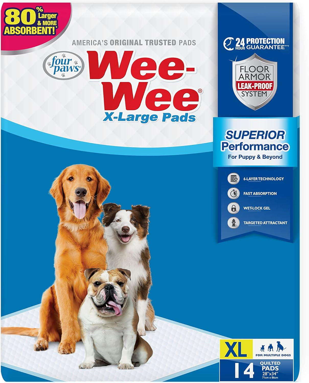 Four Paws Wee-Wee Superior Performance X-Large Dog Pee Pads - Dog & Puppy Pads for Potty Training - Dog Housebreaking & Puppy Supplies - 28" X 34" (14 Count),White