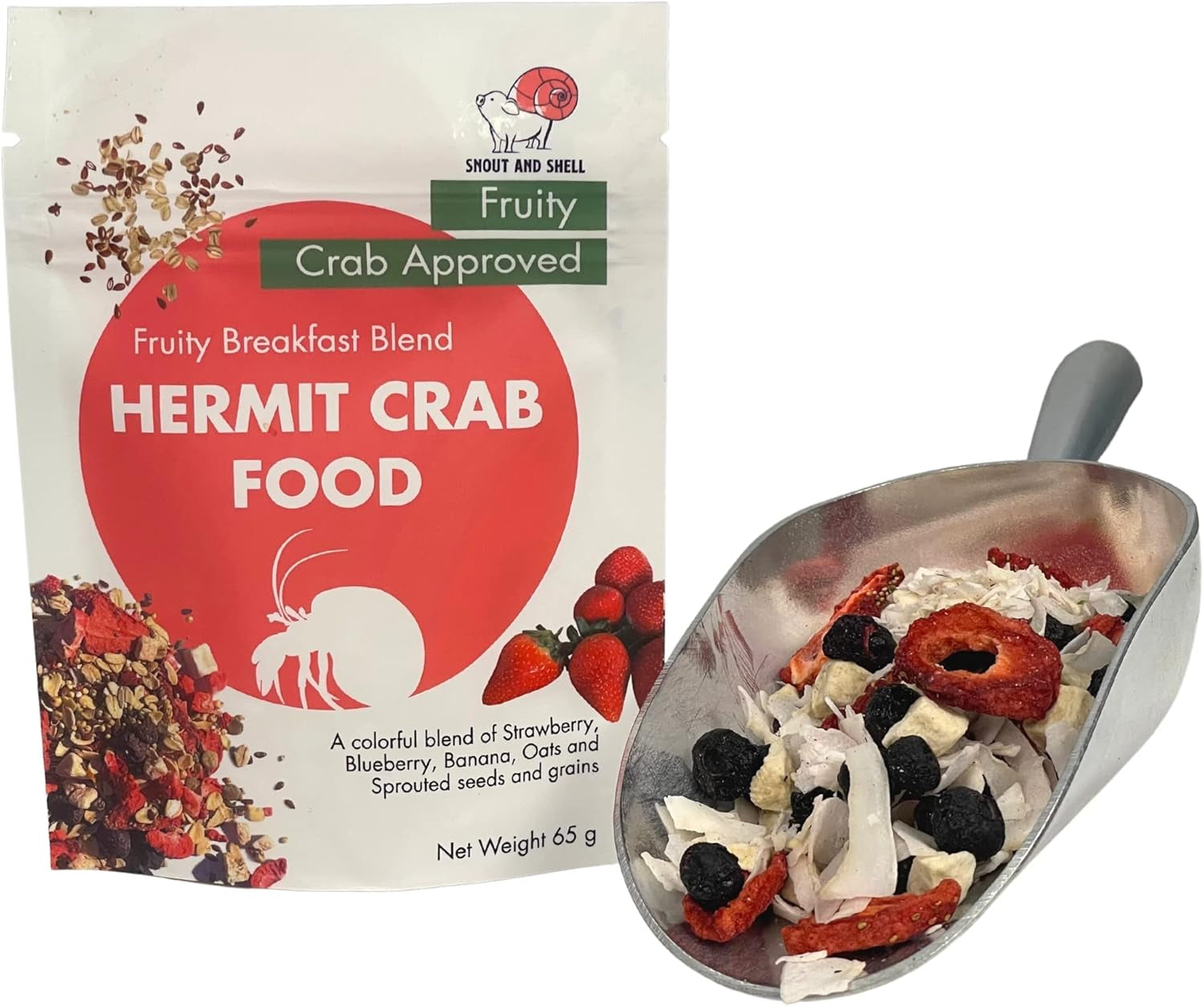 Snout and Shell Fruity Breakfast Blend Hermit Crab Dry Food - High Protein & Nutrient Blend Diet of Rolled Oats, Blueberries, Strawberry, Banana, Sprouted Seeds Mix - Aquatic Pet Snack Treat | 65g