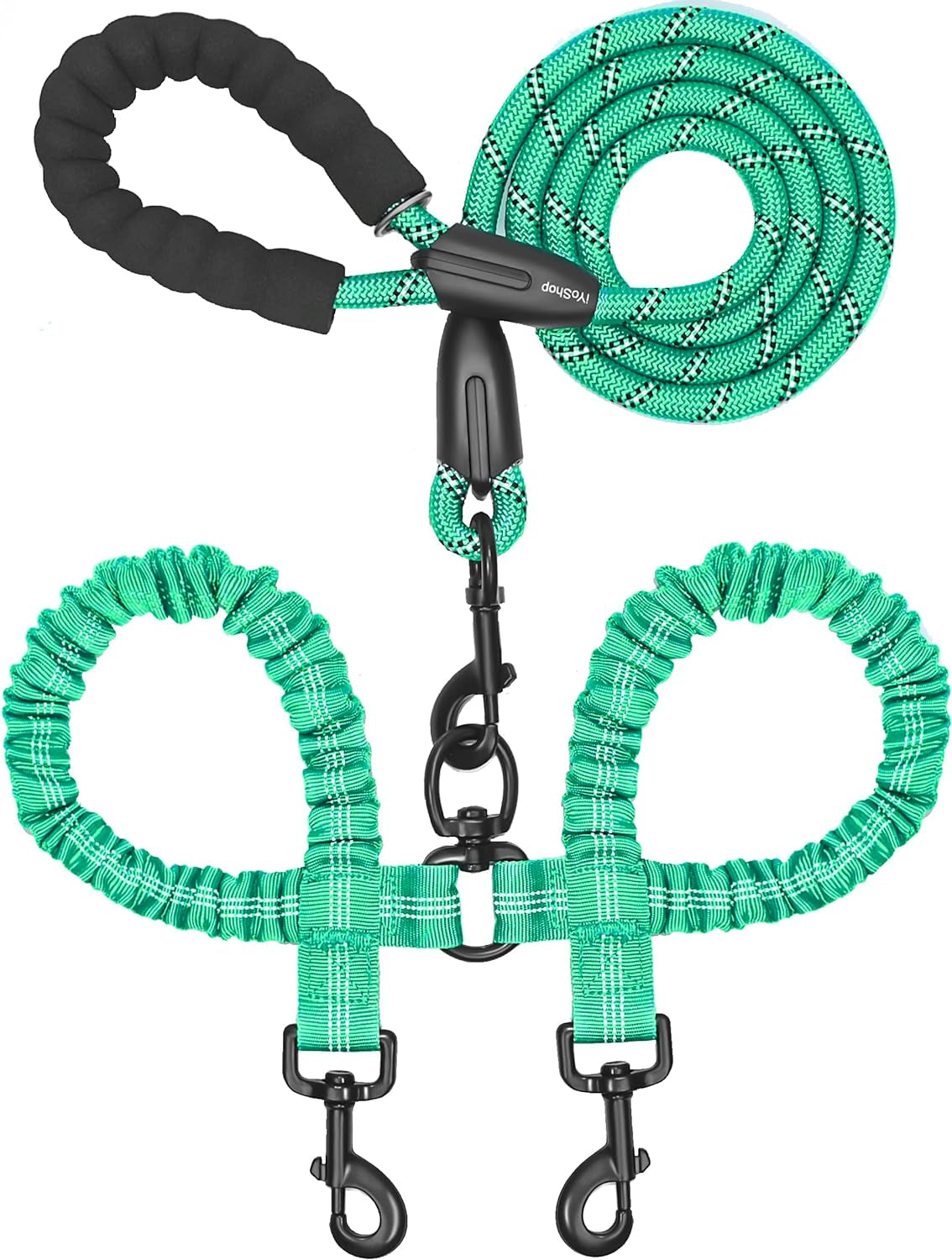 Iyoshop Dual Dog Leash, Double Dog Leash, 360 Swivel No Tangle Walking Leash, Shock Absorbing Bungee for Two Dogs, Emerald, Large (25-150 Lbs)