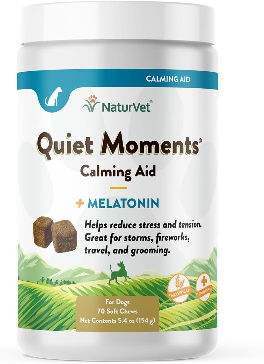 Naturvet Quiet Moments Calming Aid Melatonin Dog Supplement – Helps Reduce Stress in Dogs – for Pet Storm Anxiety, Fireworks, Motion Sickness, Grooming, Separation, Travel – 240 Ct. Chews