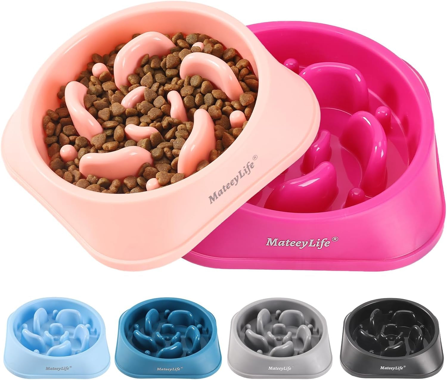 Mateeylife Slow Feeder Dog Bowls 2PCS, Anti-Choking Puzzle Dog Food Bowls, Anti-Slip Interactive Dog Feeding Bowls That Slow down Eating, Bloat Stop Maze Dog Dishes for All Breads Pets Pink&Purple