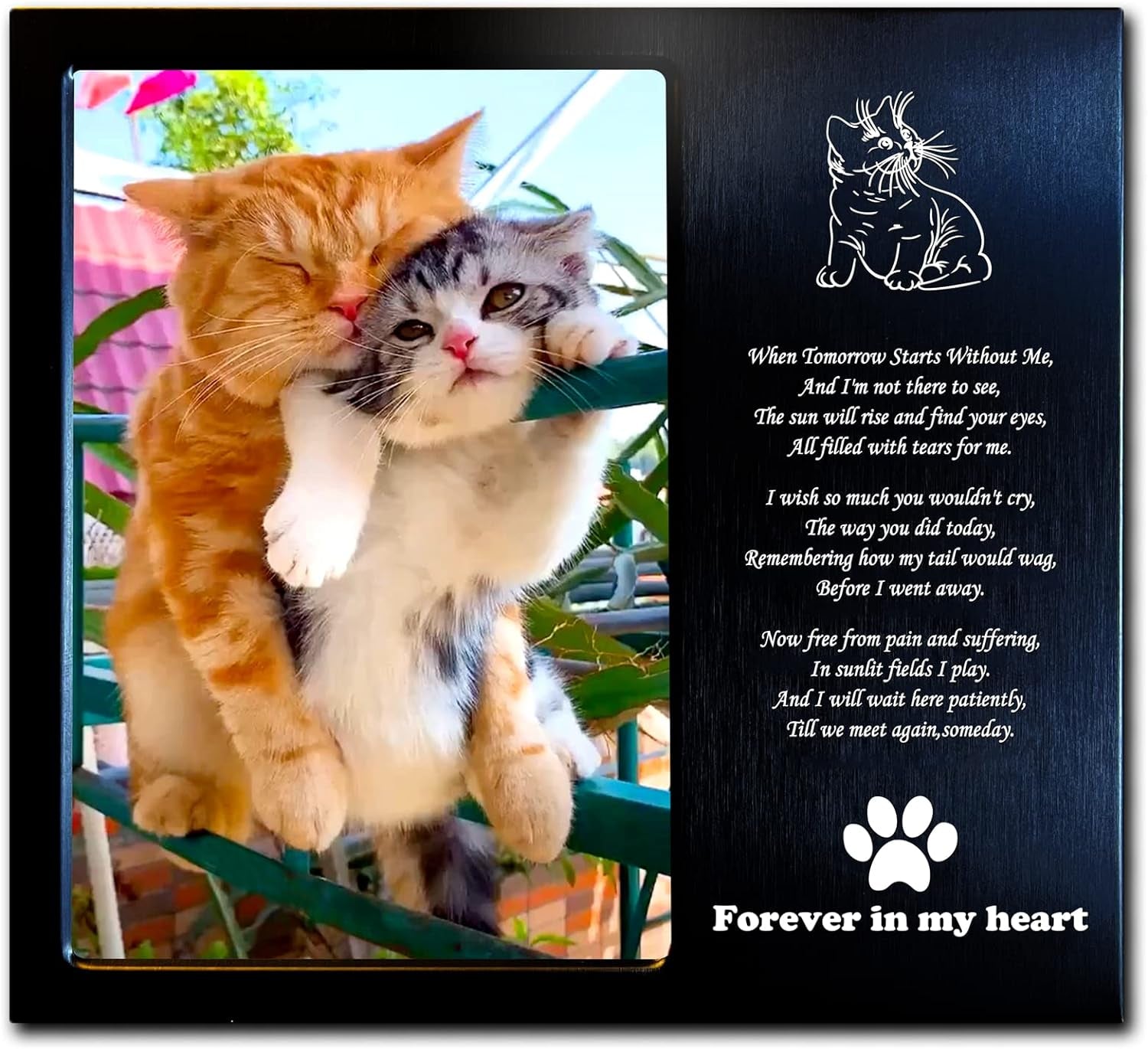 Cat Memorial Gift (Opts) Personalized Metal Wood - Pet Memorial Picture Frame 4X6 for Loss of Cats. (C01B)