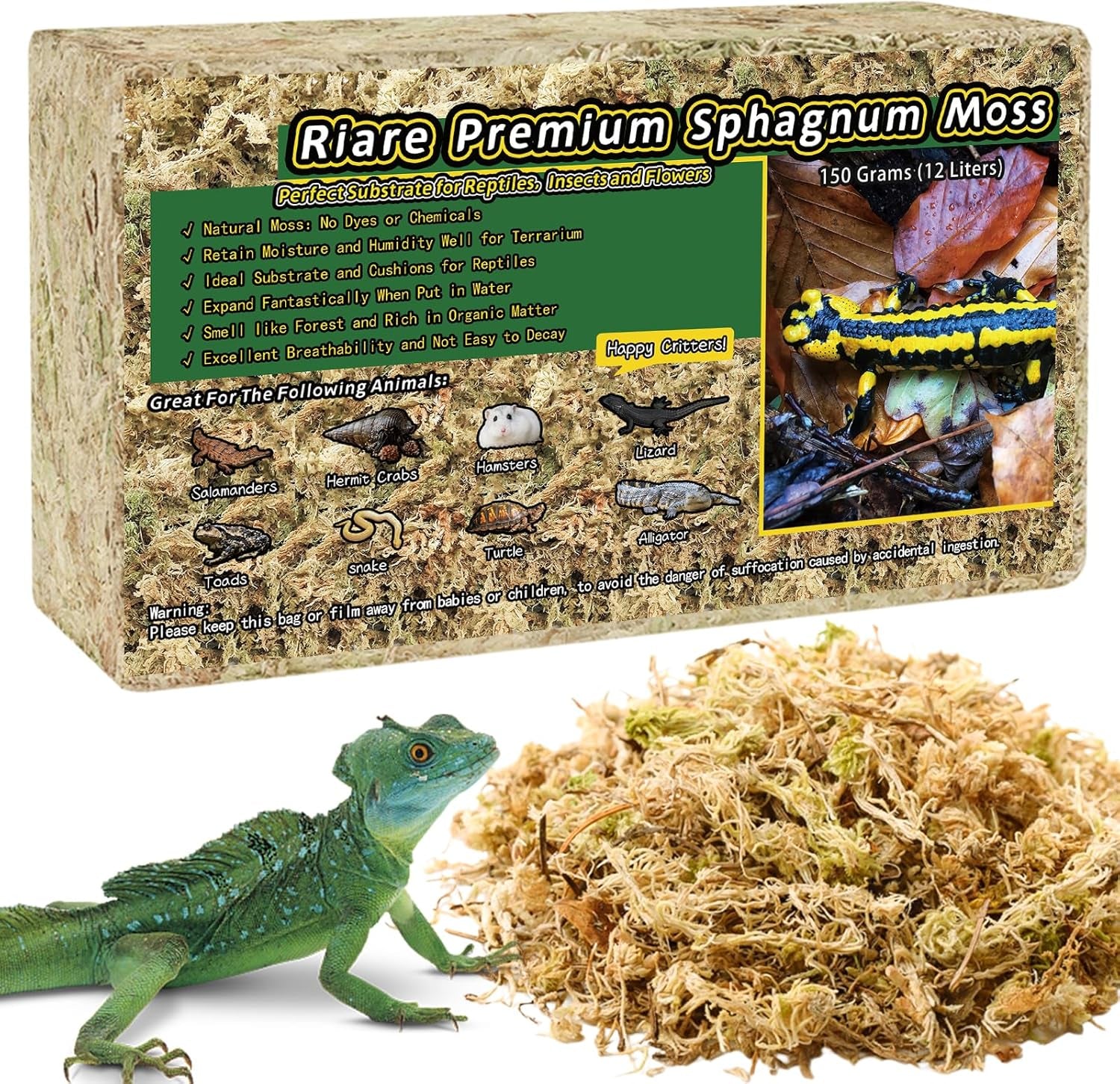 Riare 5.3OZ Premium Sphagnum Moss for Reptiles- 6QT Natural Reptile Moss Dried, Forest Live Moss for Terrarium, Frogs Snake Peat Moss Bedding for Leopard Gecko Turtle Anoles Salamanders Orchids Plants