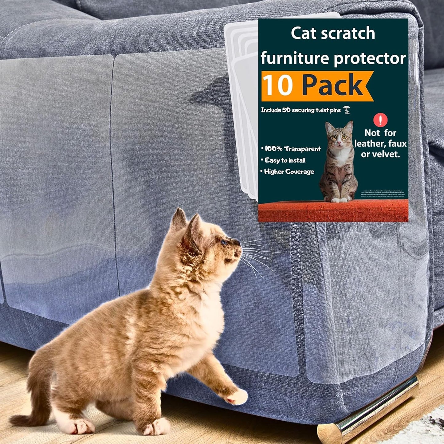 Anti Cat Scratch Furniture Protector, 10 Pack, Cat Couch Protector, Couch Protector for Cats, Furniture Protectors from Cats, Couch Cat Scratch Protector 10 Pack + 50 Twist Pins