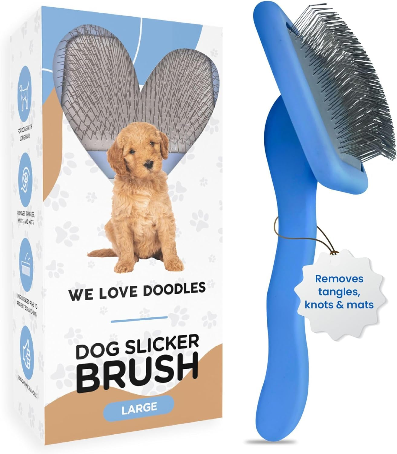 We Love Doodles Dog Slicker Brush for Grooming Pet Hair - Best Brushes for Poodle & Golden Doodle - Long Haired Brush for Dogs - Goldendoodle Long Pin Brush for Dematting (Medium Curved)