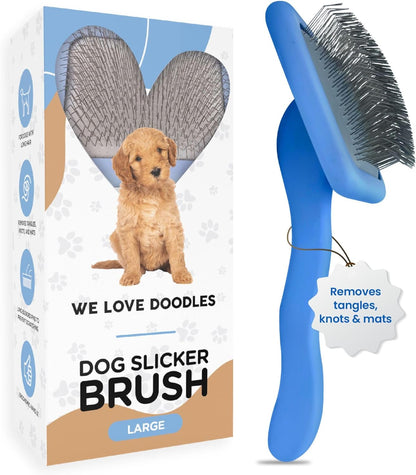 We Love Doodles Dog Slicker Brush for Grooming Pet Hair - Best Brushes for Poodle & Golden Doodle - Long Haired Brush for Dogs - Goldendoodle Long Pin Brush for Dematting (Large)