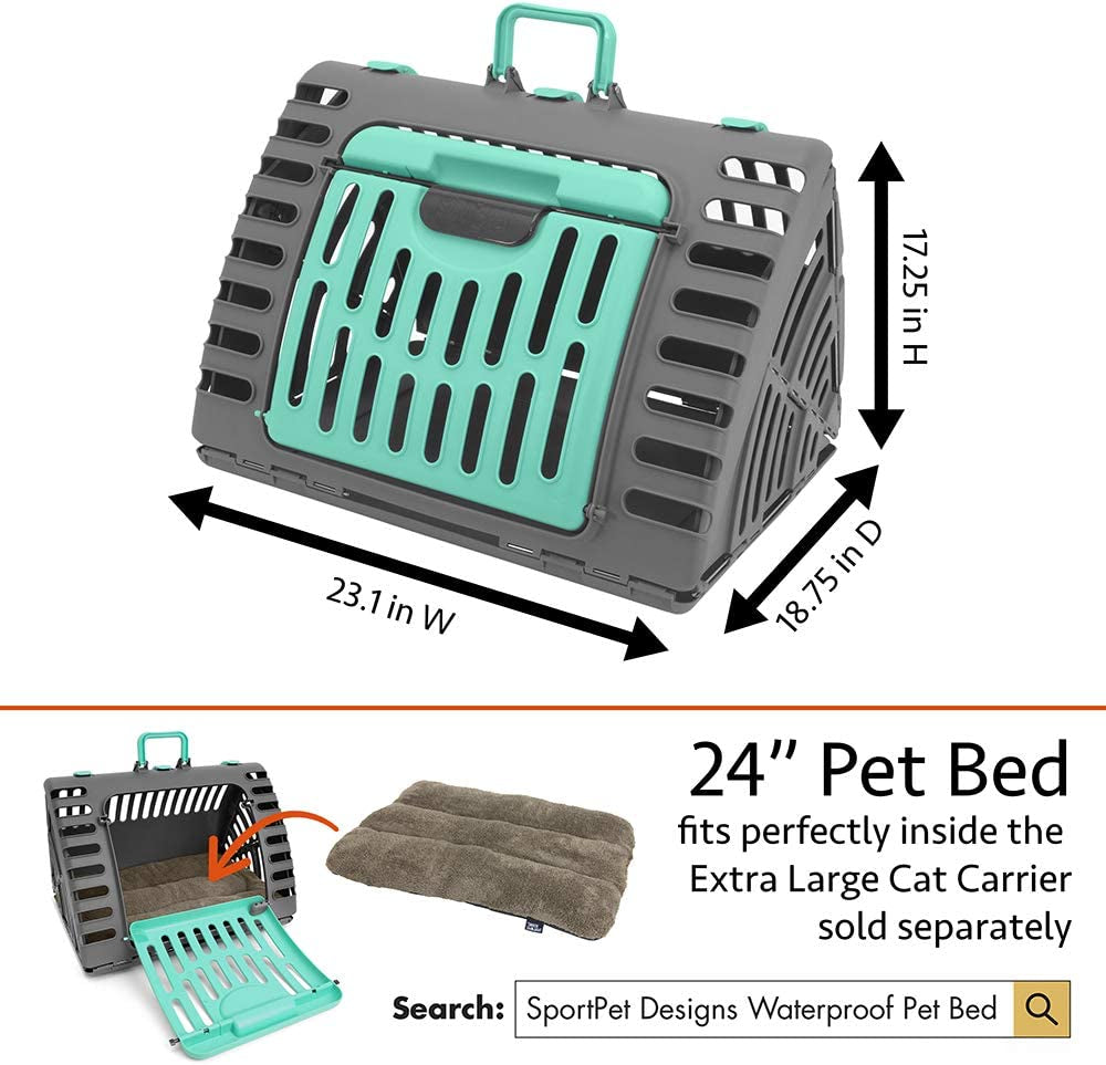 Sportpet Designs Foldable Travel Cat Carrier - Front Door Plastic Collapsible Carrier Collection, Waterproof Bed