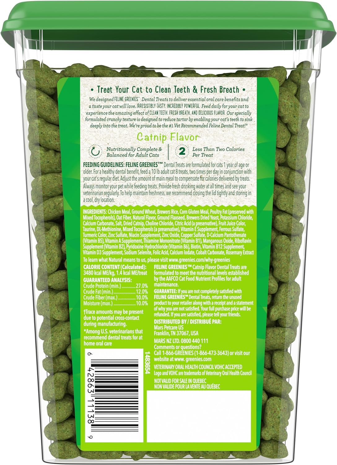 Greenies Feline Adult Natural Dental Care Cat Treats, Catnip Flavor, 9.75 Oz. Tub