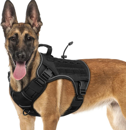 WINGOIN Black Tactical Dog Harness for Medium Small Dogs No Pull Adjustable Reflective Military Pet Harness with Easy Control Handle with Hook & Loop Panels for Walking Hiking Training