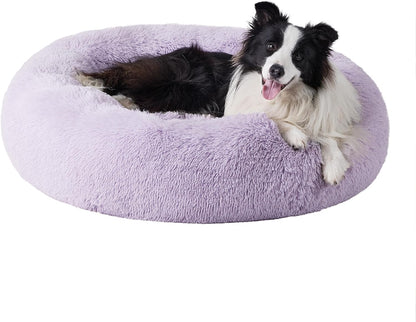 Bedsure Calming Dog Bed for Large Dogs - Donut Washable Large Pet Bed, 36 Inches Anti-Slip round Fluffy Plush Faux Fur Dog Bed, Fits up to 100 Lbs Pets, Purple