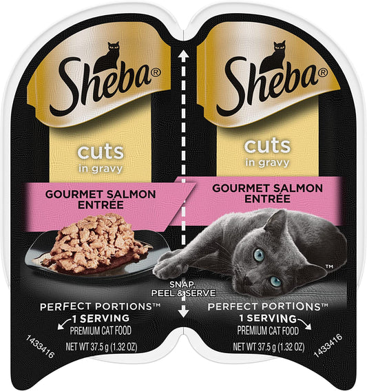 SHEBA Perfect Portions Cuts in Gravy Wet Cat Food Trays (24 Count, 48 Servings), Gourmet Salmon Entrée, Easy Peel Twin-Pack Trays