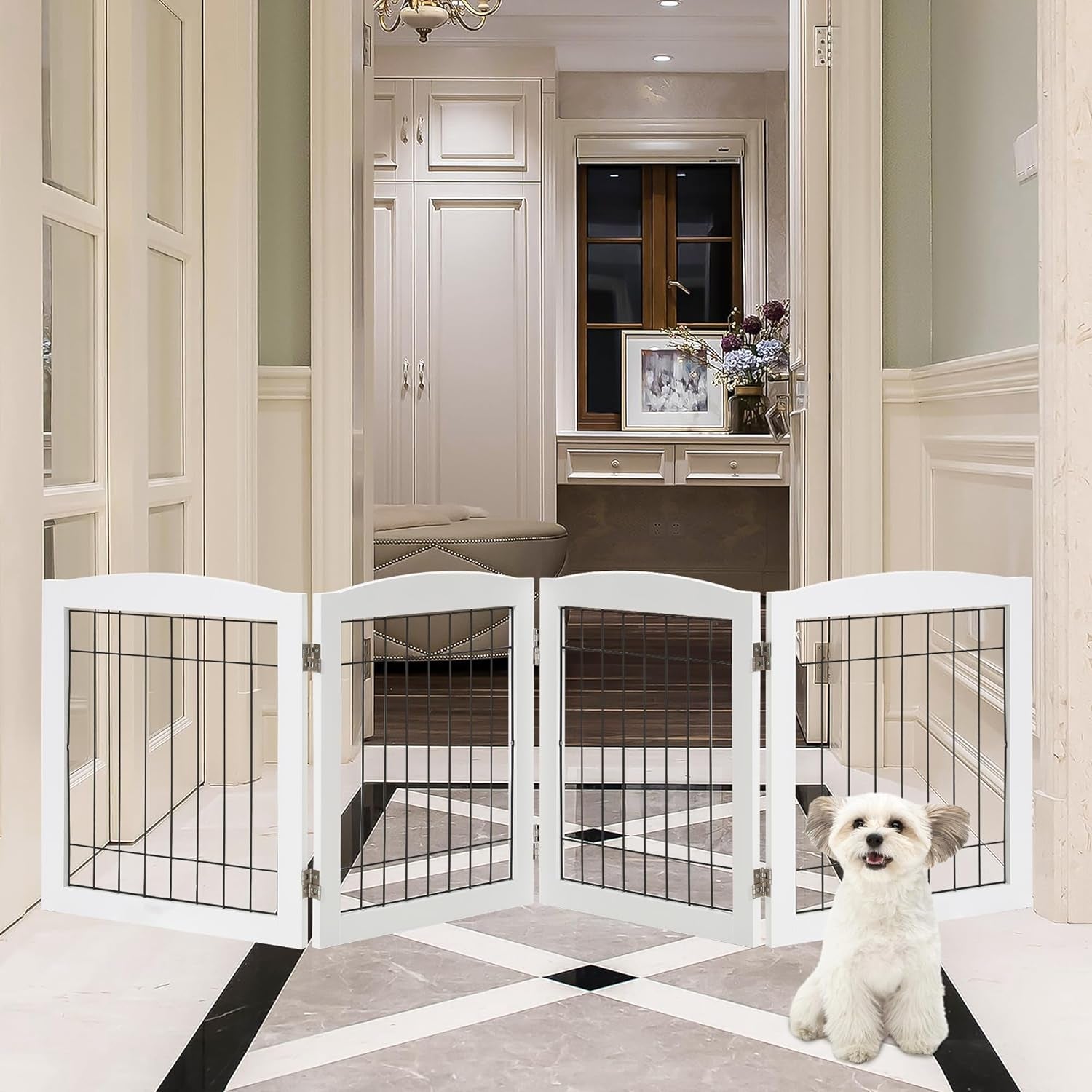 LZRS Sturdy Wood Pet Gate, Freestanding Wire Dog Gate Safety Fence Indoor, Foldable Stair Barrier Pet Exercise for Most Furry Friends, Dog Gate for Stairs, White,24" Height-4 Panels