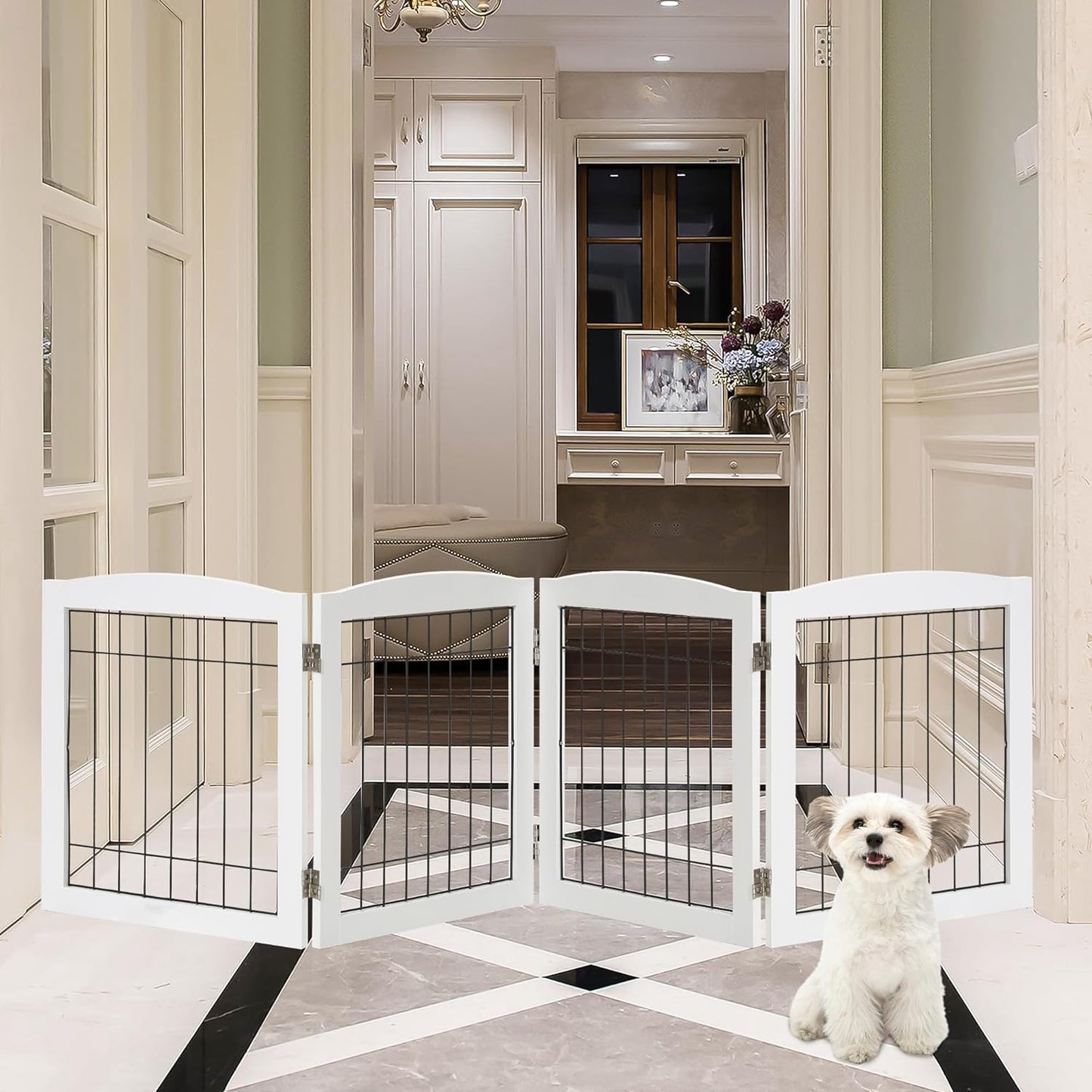 LZRS Sturdy Wood Pet Gate, Freestanding Wire Dog Gate Safety Fence Indoor, Foldable Stair Barrier Pet Exercise for Most Furry Friends, Dog Gate for Stairs, Natural,24" Height-2 Panels