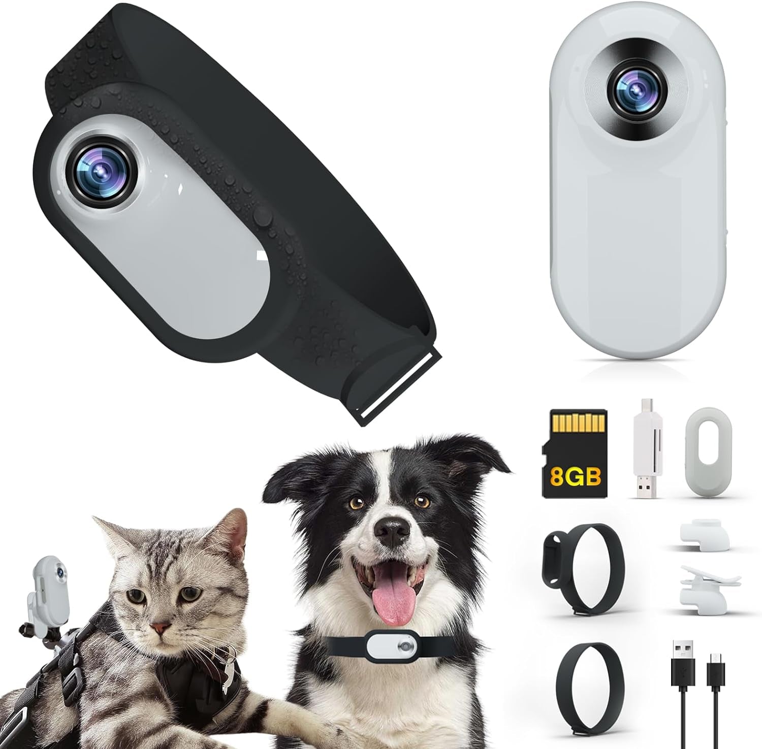 Cat Camera Collar, HD 1080P Wireless Dog Collar Camera with 8GB SD Card, Sport Action Camera Cat Collar Camera for Pet Supplies Video Records Camera for Cats Dogs Gift, White