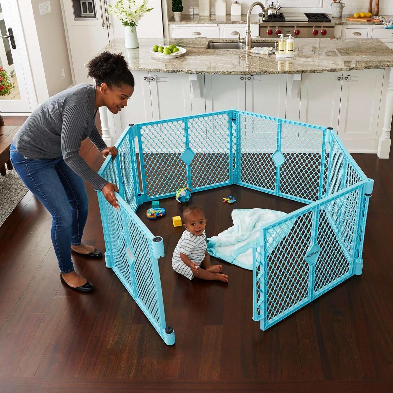 Toddleroo by North States Superyard 6 Panel Free Standing Play Yard, Indoor or Outdoor Baby Playpen, Baby Gate. Made in USA. 5.5 Feet Corner to Corner Play Pen (26" Tall, Aqua)
