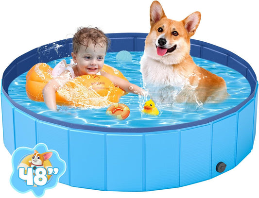 Foldable Dog Pool, YSJILIDE Portable PVC Dog Pet Swimming Pool, Collapsible Plastic Dog Bath for for Large Medium Small Dogs & Kids (L-47"X 12" Blue)