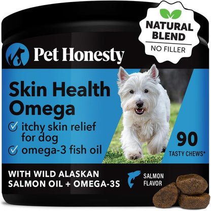 Pet Honesty Omega Skinhealth Chews for Dogs, Salmon Oil, Omega 3 Fish Oil, Krill, Spirulina, Omega-3, Alaskan Salmon Oil, Healthy Skin & Coat, Itchy Skin, Dog Allergies, May Reduce Shedding (90 Count)