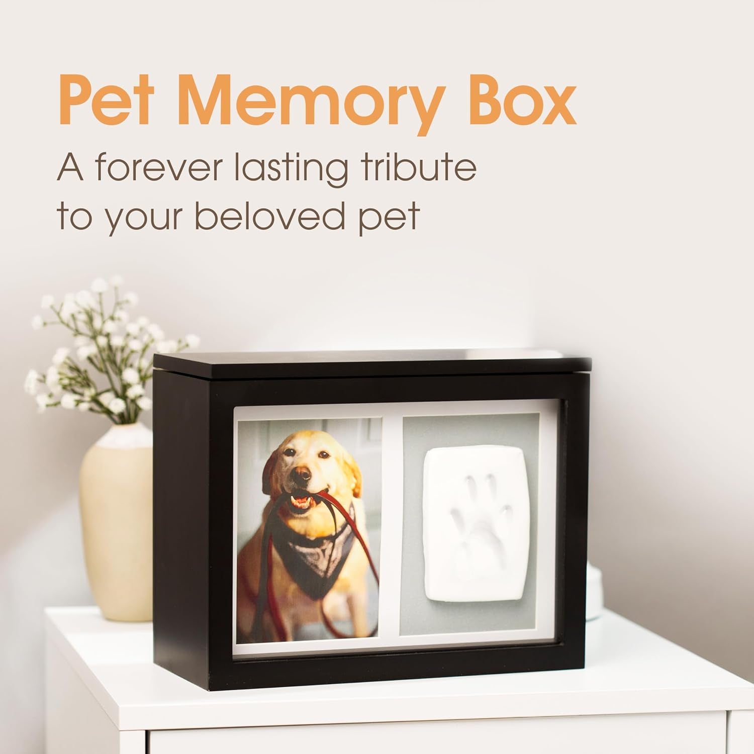 Pearhead Pet Photo Memory Box and Impression Kit for Dog or Cat Paw Print, Memorial Urn, White