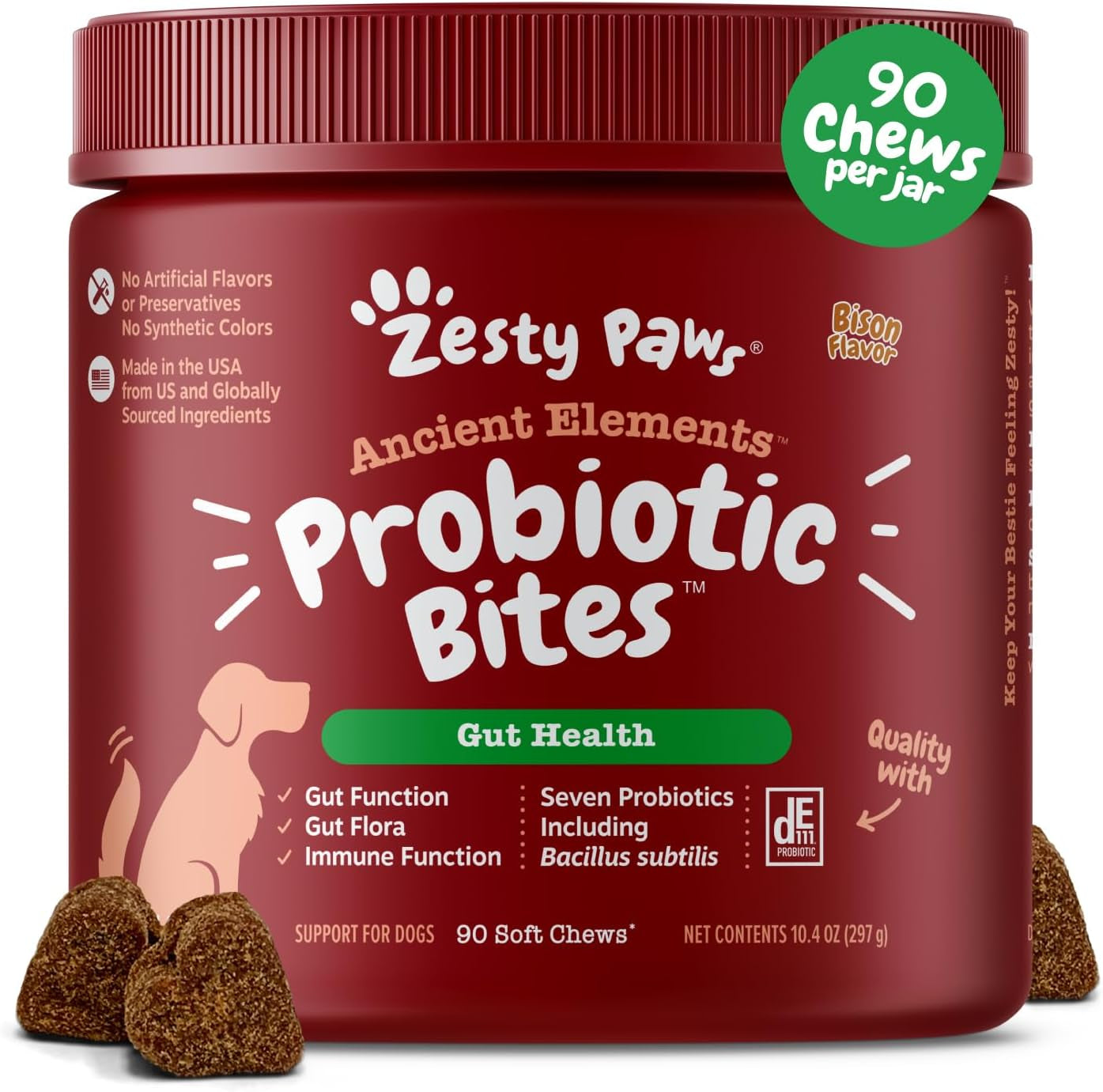 Zesty Paws Probiotics for Dogs - Digestive Enzymes for Gut Flora, Digestive Health, Diarrhea & Bowel Support - Clinically Studied DE111 - Dog Supplement Soft Chew for Pet Immune System - AE, 90 Ct